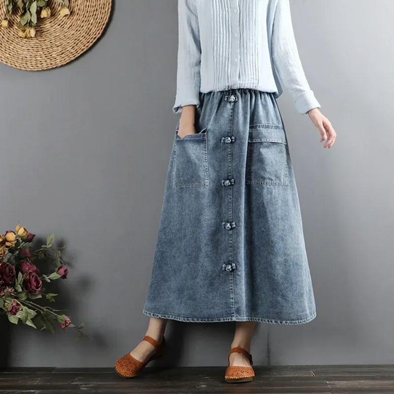 Rok denim Vintage untuk wanita, rok jeans pinggang tinggi wanita, rok A-line retro berkancing, Rok midi ukuran plus 10194