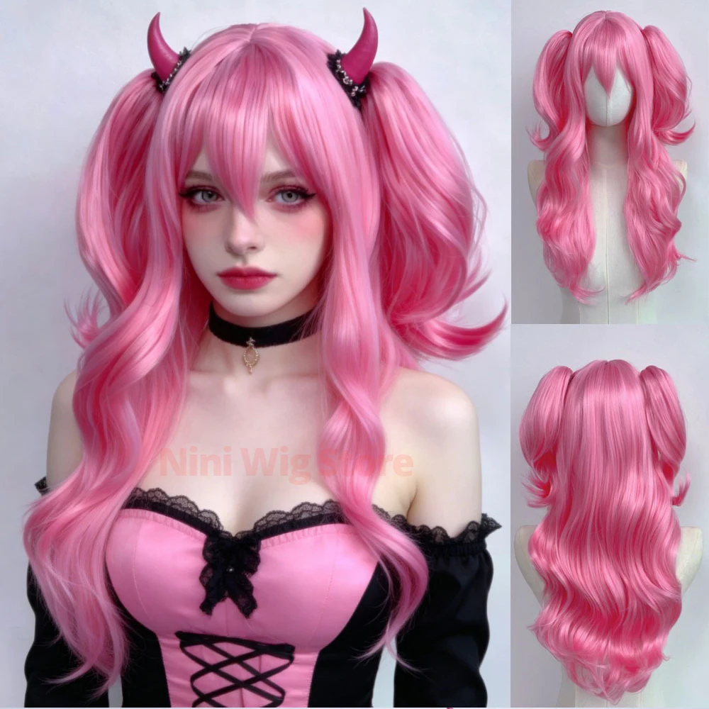 Cosplay Wig Halloween Wig Pink Long Wavy Synthetic Wig For Women Lolita Halloween Role-Playing Party Natural Heat Resistan