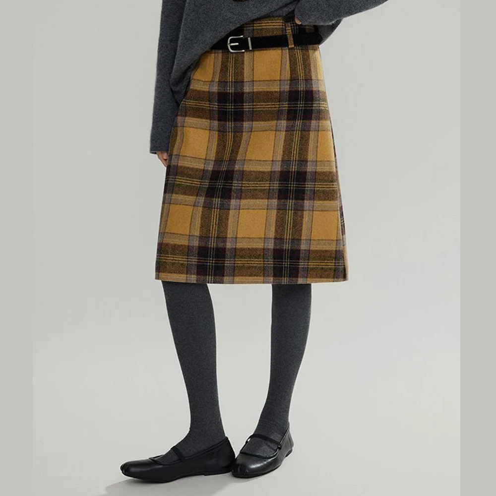 

Желтая шерстяная юбка в клетку, женская зимняя новинка, ретро, универсальная, свободная и тонкая прямая юбка, корейская модная одежда