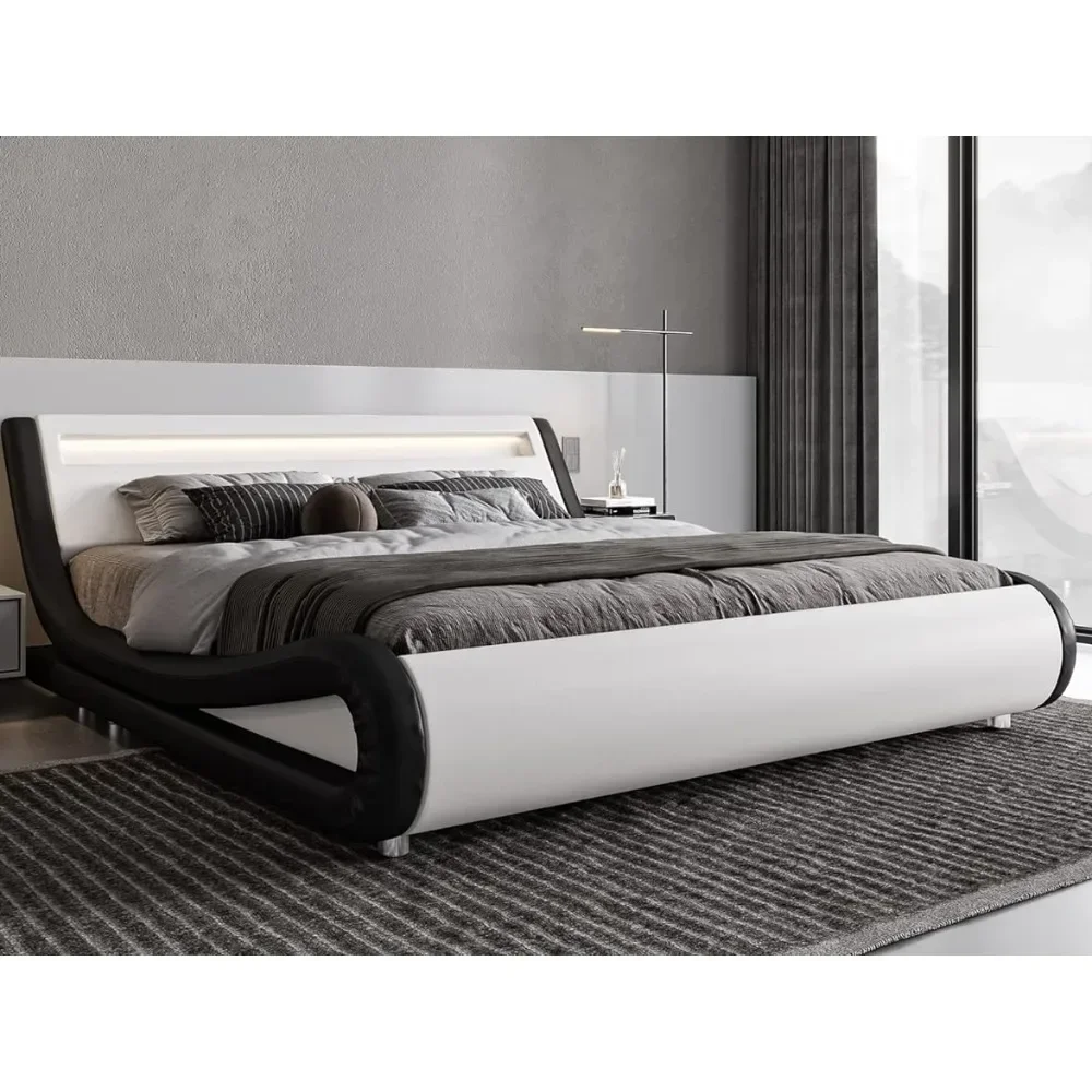 LED platform bed frame with adjustable headboard, no need for a spring box, easy to assemble, white and black leatherette