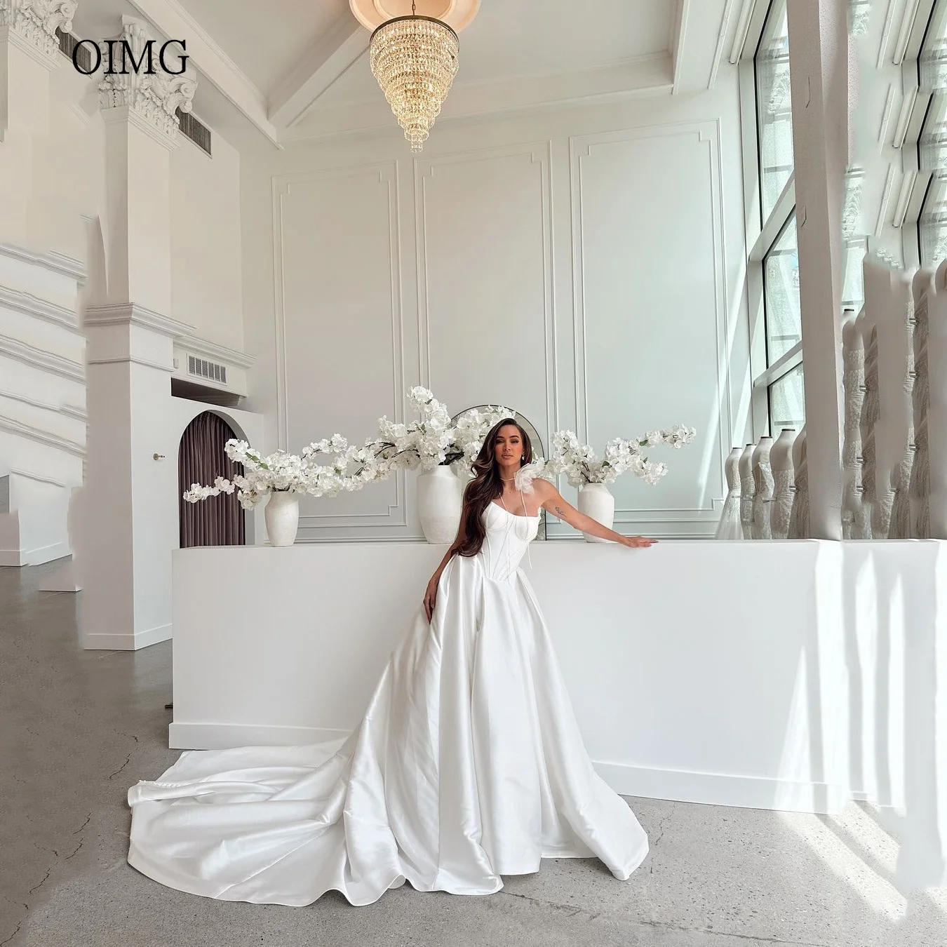 

OIMG Ivory A-line Wedding Dress Scoop Neck Sleeveless Bride Dresses Princess Floor Length Wedding Gown Customized