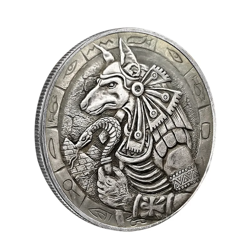 

Ancient Egyptian coin with Anubis theme, old coin with dog head and human body decoration, homeless commemorative coin