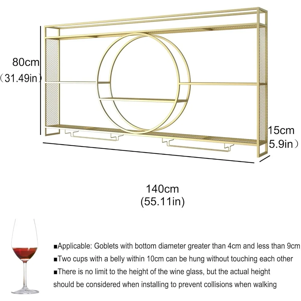 Wine rack de pared con soporte de vidrio integrado y estantes flotantes iluminados por LED para exhibición de botellas de licor