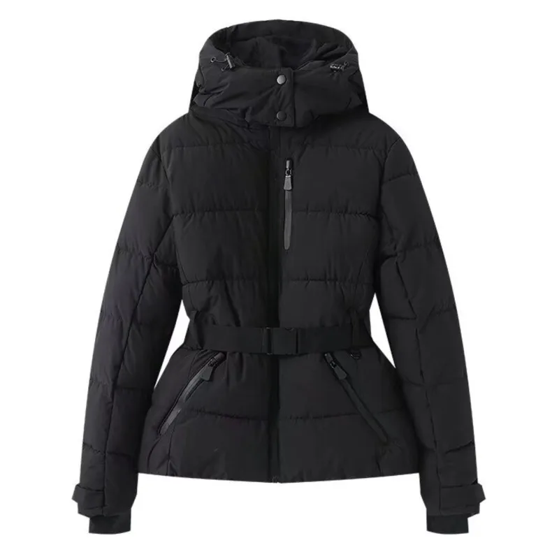 Damski zestaw narciarski 2025: kurtka puchowa z kapturem, wiązana w talii, z efektem tie-dye, uniwersalna, ocieplana odzież wierzchnia idealna do jazdy narciarstwa i na co dzień.