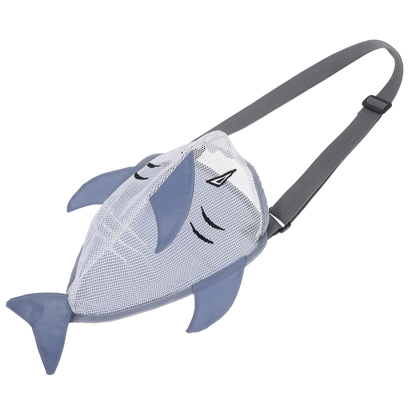 Kids Shark Shape Mesh Beach Bag Grey Cartoon Shell Collecting Storage Bag Summer Play Toddler Beach Accessory Seashell Holder