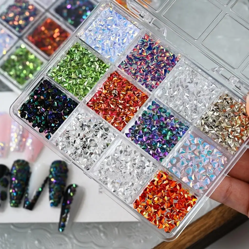 12Grids 3D Holographic Triangle Nail Rhinestones Iridescent Triangles Crystal Diamond Nails Art Charms DIY Manicure Decorations