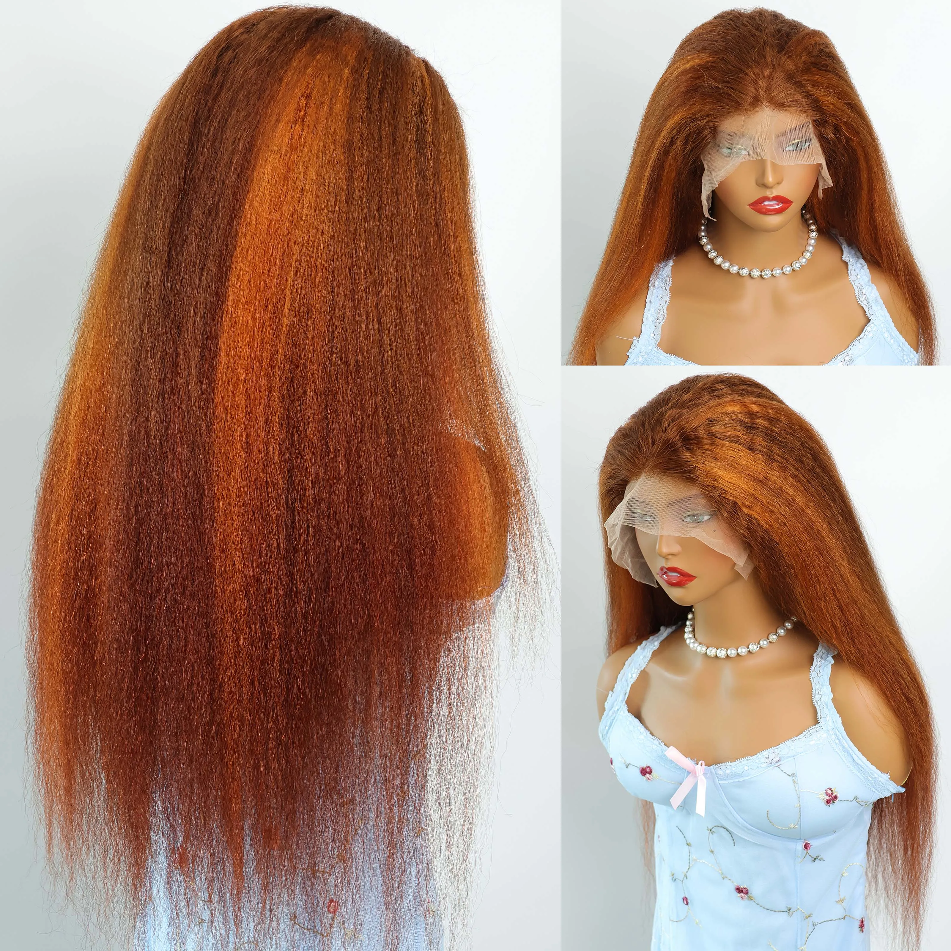 Kinky Straight Human Hair Wigs Ginger Orange Brown Piano Color 13x4 13x6 HD Lace Front Human Hair Wigs Yaki 4/350 Highlight Wig