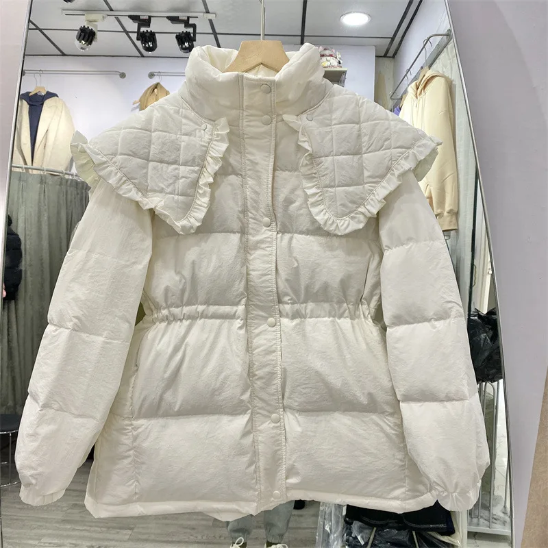 2022 Women Autumn Winter Loose Padded Zipper Solid Color Short Jacket Stand Doll Collar Casual All Match White Duck Down Coat