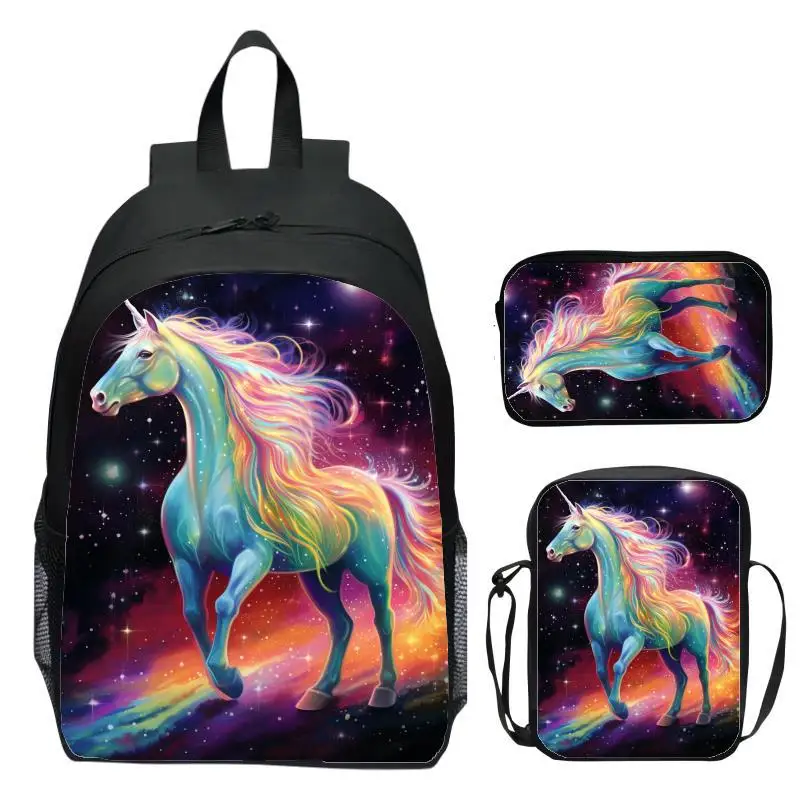Unicorn Unicorn Three Piece Set for Primary, Secondary, and High School Students, Children's Backpack, Shoulder Bag, Pen Bag