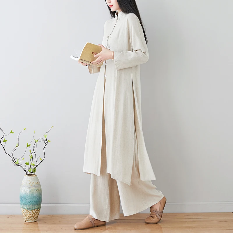 Two Peice Sets Linen Tea Clothing Spring Autumn Zen Lay Buddhist Clothes Hanfu Chinese Style Tang Suit