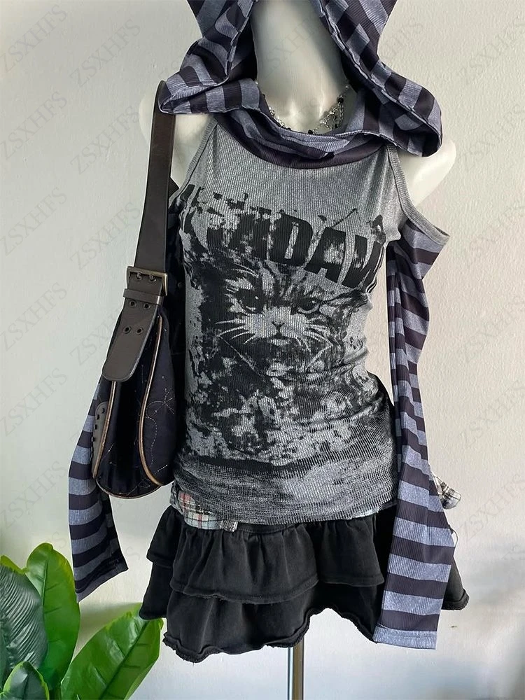 Y2k مثير هود تي شيرت القوطية Sweetwear الخريف ملابس حريمي خمر شريط عاري الكتفين طويلة الأكمام الشرير ثقافة فرعية البلوفرات #1