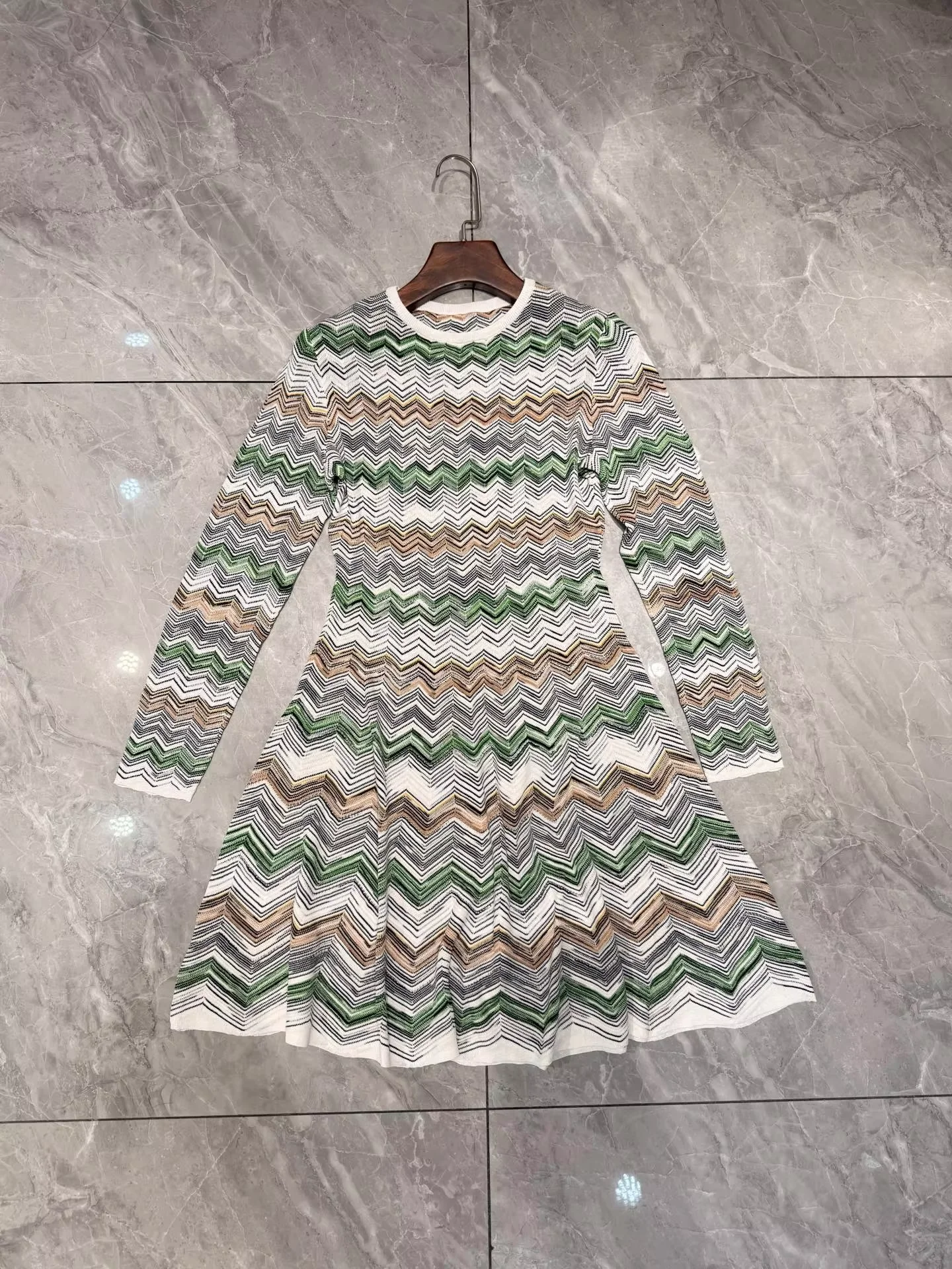 

Colorful Striped Women Knitted Dress Autumn 2025 Round Neck Long Sleeve Vintage Slim Mini Robe