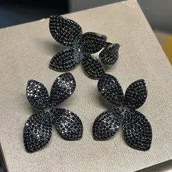 Bilincolor Fashion Black Leaf Earrings and Ring Set for Women