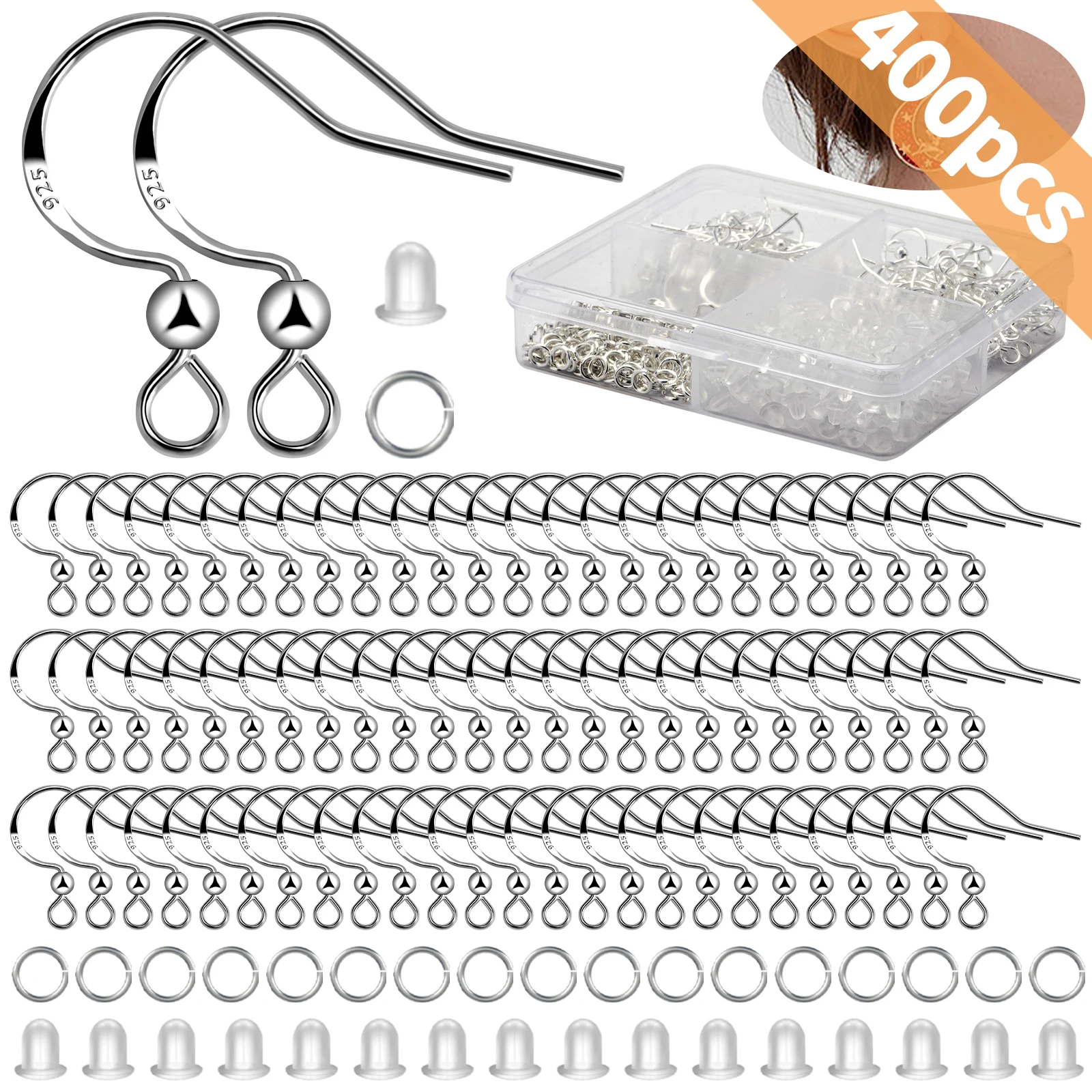 

Профессиональный комплект фурнитуры для сережек из стерлингового серебра 925 пробы с рыбными крючками, прыжками, пробками для ушей + ящиком для хранения | Поставка ювелирных изделий своими руками