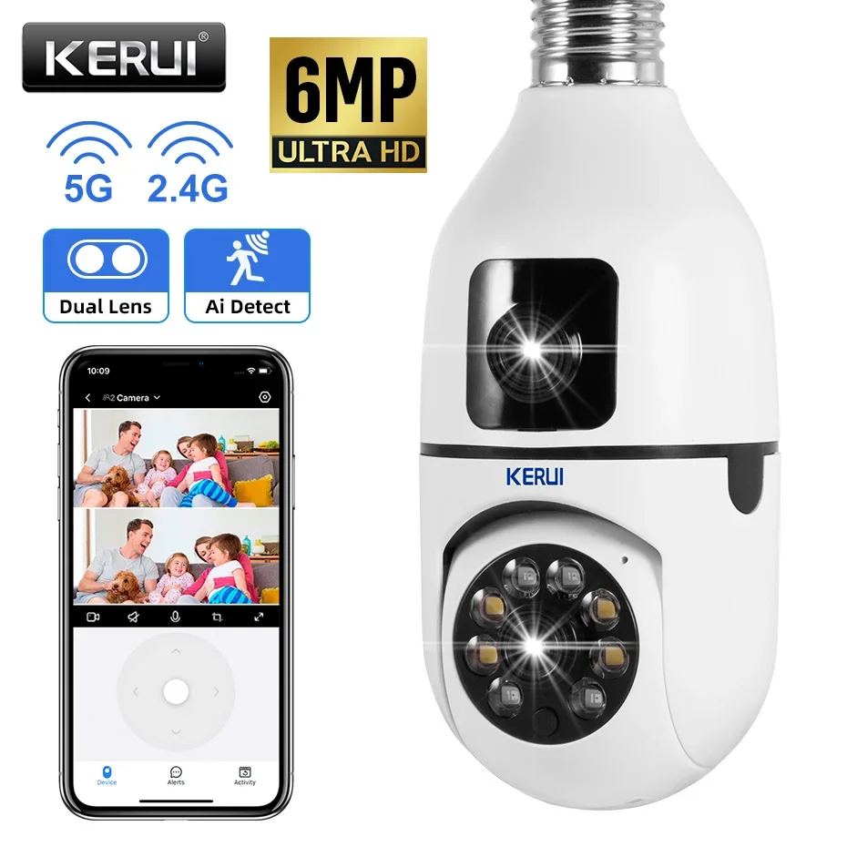 

KERUI 6MP Wi-Fi IP-камера с двумя объективами 5G Беспроводная камера с лампочкой E27 PTZ с автоматической камерой наблюдения для домашнего мониторинга