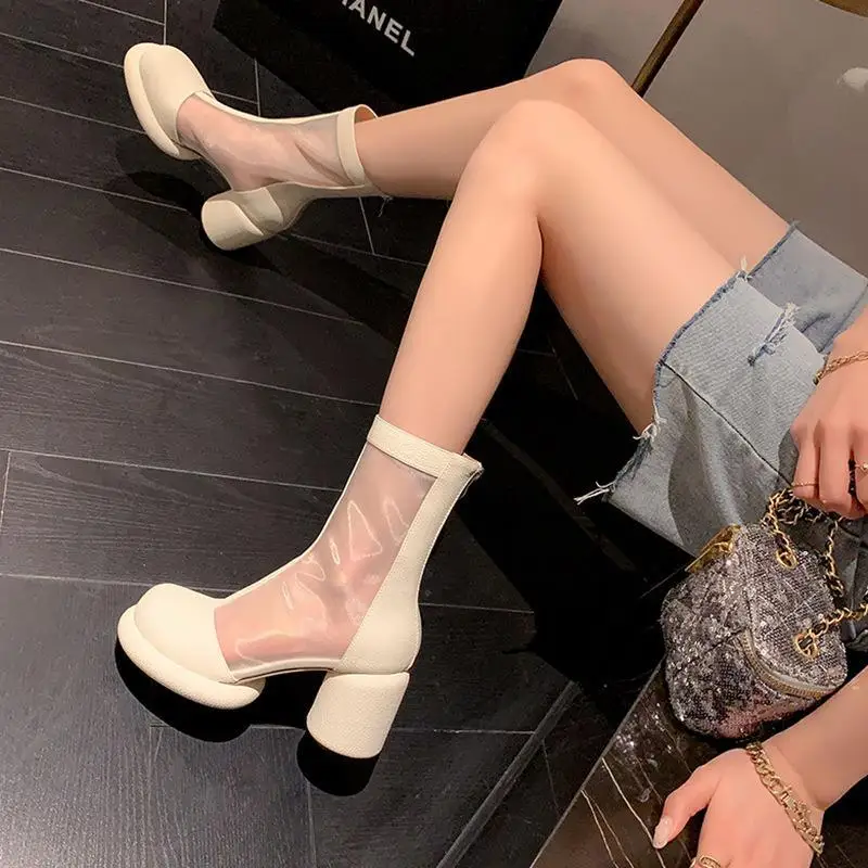 Mesh High Heels Women Sandals Cool Boots Breathable Chunky Shoes 2022 Summer New Brand Designer Pumps Fashion Zipper Women Shoes