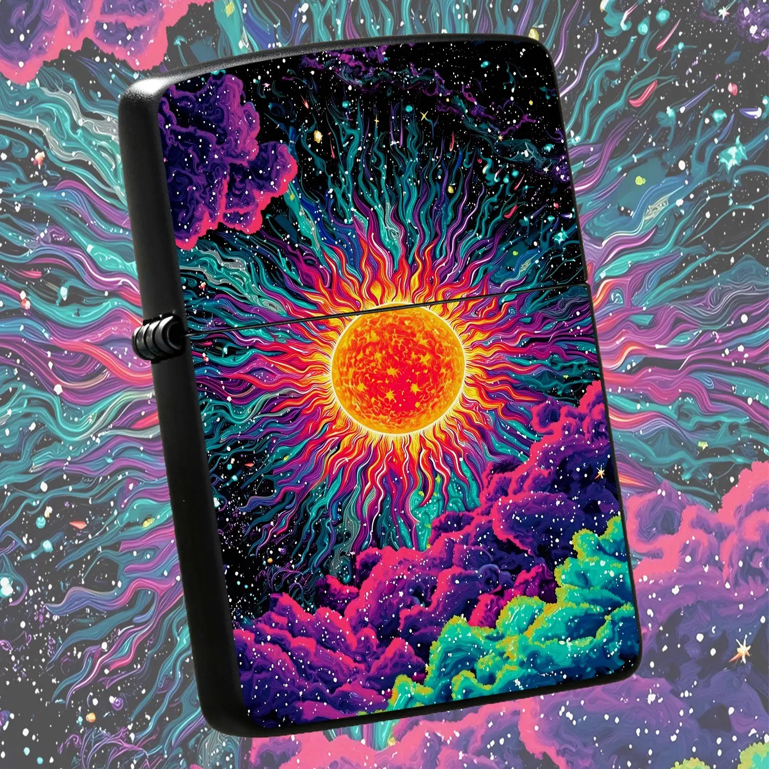 Psychedelic Cosmic Sun Lighter, Vibrant Neon Nebula Starry Sky Art Pattern Portable Igniter, Ideal For Daily Outdoor Multiple Scenes, Creative Aesthetic Cool Practical Accessory, Unique Festive Holiday Gift For Art Love A Humorous And Inter