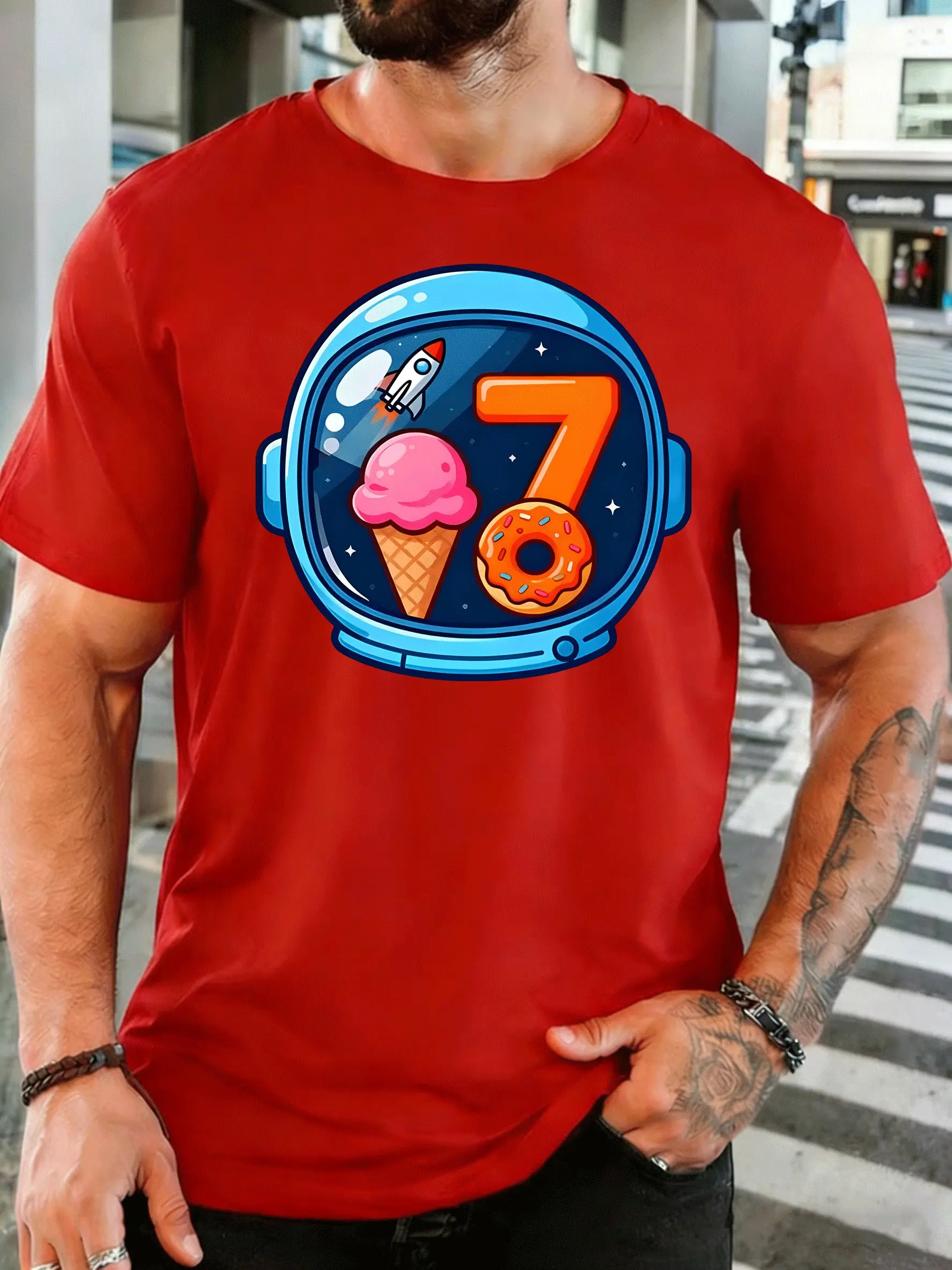 Men Short Sleeve T Shirt Astronaut Helmet Number 7 Graphic Tee Space Print Tops Summer Soft Casual Street Wear For Adult Male
