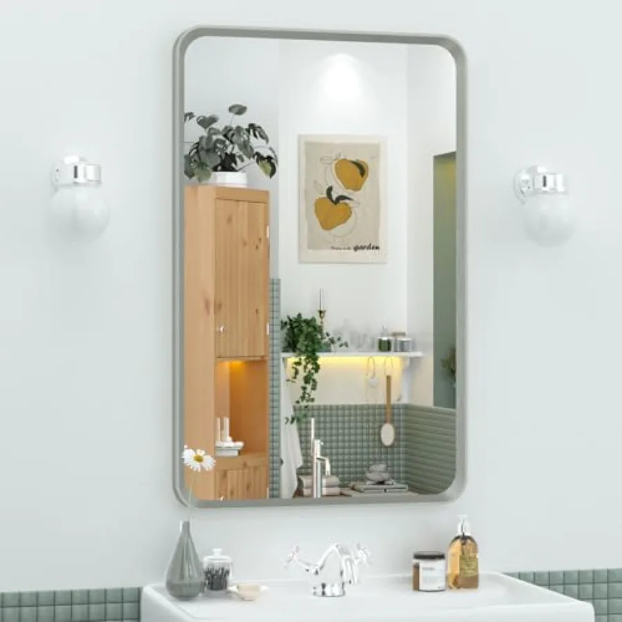 

OKPAL 16 x 24 Inch Silver Bathroom Mirror Rounded Rectangle Silver Vanity Mirror Beveled Brushed Nickel Framed Mirror for Wall