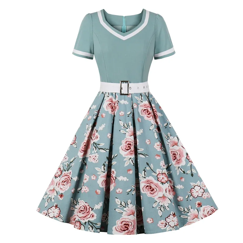 Oversized Vintage Floral Pleated Dresses 40s 50s 60s Ladies 3XL 4XL Women High Waist Pinup Elegant Rockabilly Dresses with Belt