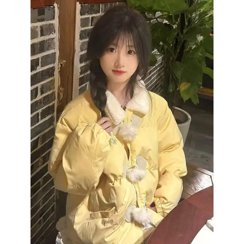 Preppy نمط المرأة الخبز القطن وسادة مبطنة رشاقته الحلو أفخم الأغنام القرن مشبك الشتاء الفتاة طالب القطن سترة منفوخة