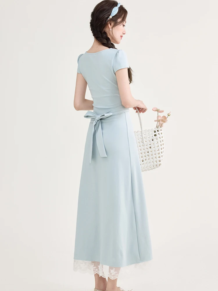 Zomer blauwe bodycon bandage lange jurk vrouwen korte mouw vierkante kraag chique kant lange jurk 2025, Koreaanse vintage luxe vestidos