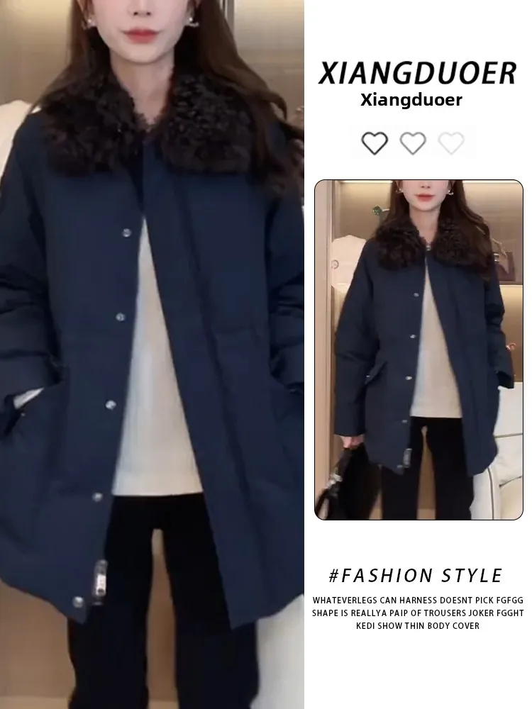 

Зимняя утепленная хлопковая куртка-парка женская с меховым воротником, на шнурке на талии, с длинными рукавами, на молнии