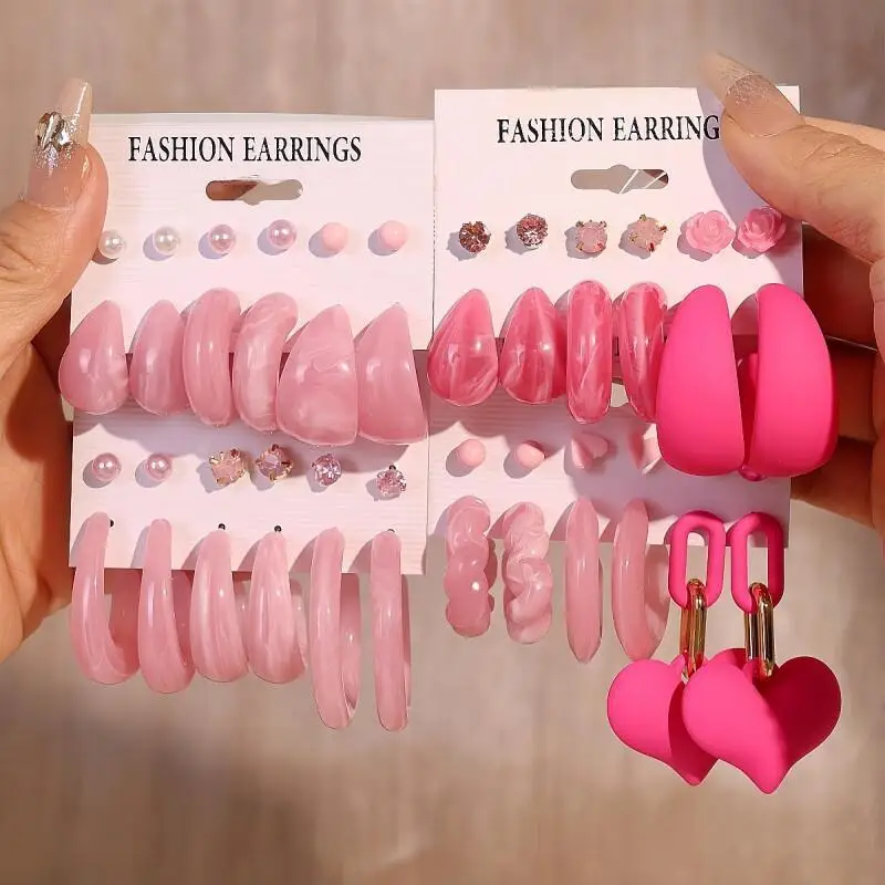6/12 Pairs Heart Earrings Set for Women, Pink Chunky Hoop Stud Earrings, Cute Trendy Statement Jewelry for Daily Party Wear