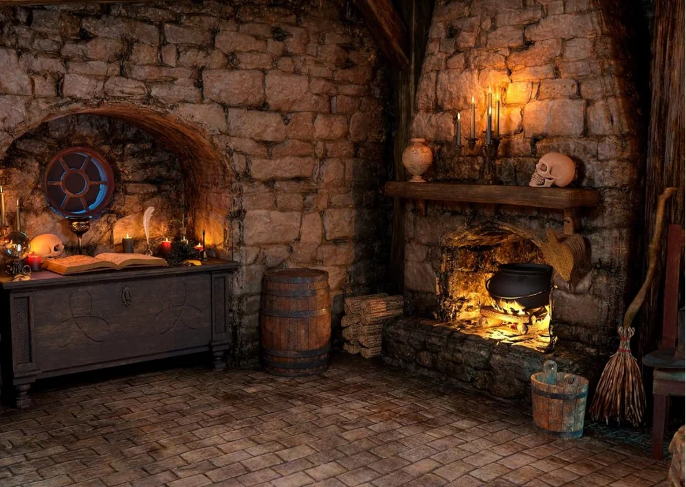 Halloween Spooky Witch Cottage Magic Room Fireplace Magical Books Candle Skulls party photo background photography backdrop