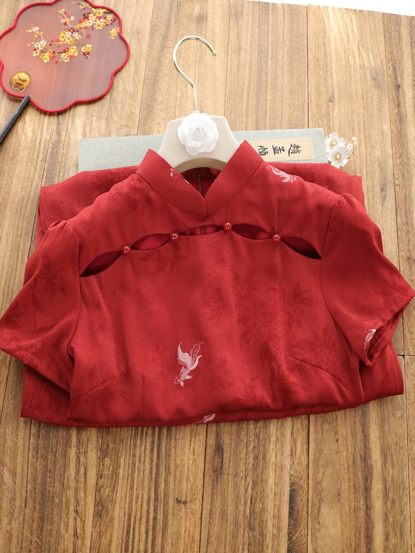 Elegant Red Short Sleeve Qipao Young Women's Style Reformed Daily Wear Spring Summer New Arrival Charming Fish Tailored Dress