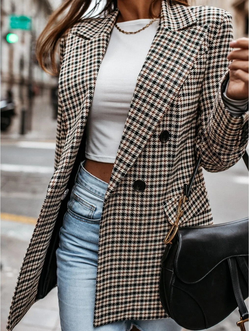  Autumn Plaid Women's Suit Jacket Long Sleeve Double Breasted Button Closure Commute Style Regular Length Straight Cut