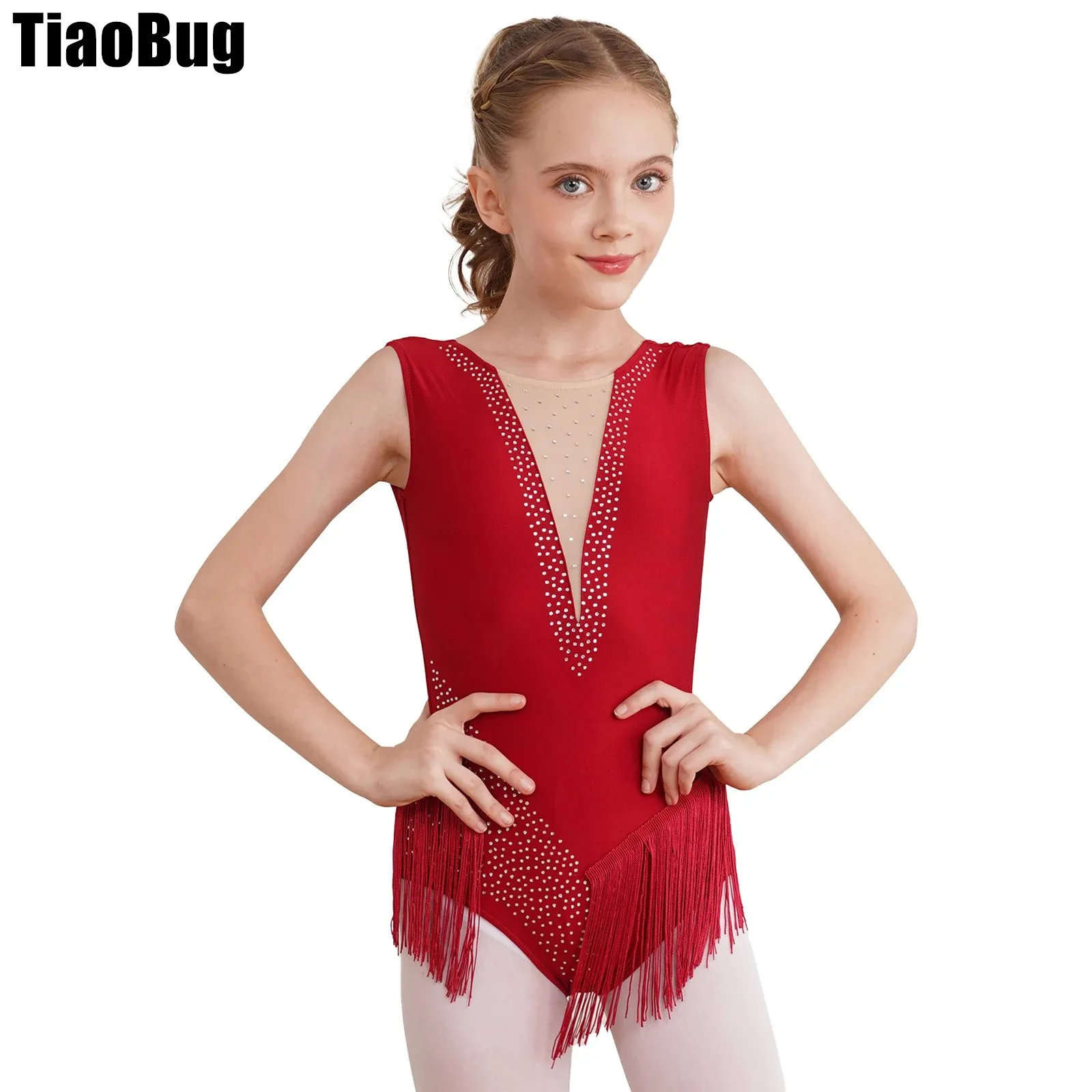 

Kids Girls Shiny Tassel Dance Leotard Figure Skating Dance Rhythmic Gymnastics Performance Costume Sleeveless Fringed Bodysuit