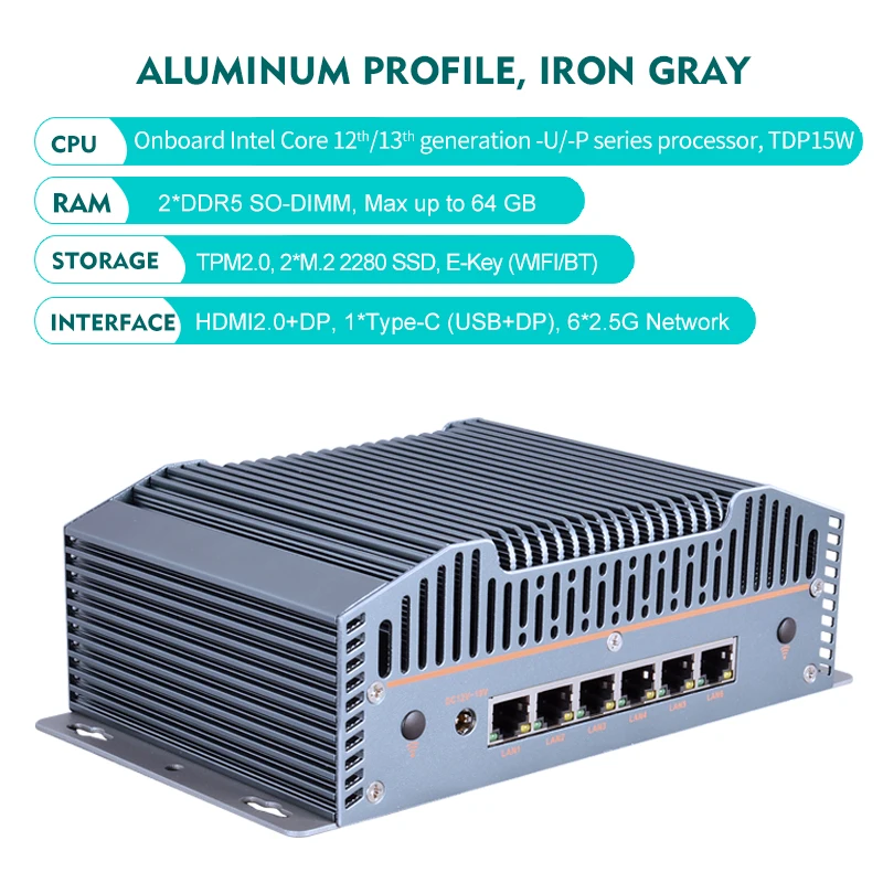 Firewall Mini Pc 6*2.5G Lan 2*DDR5 X86 Router Pfsense Fanless Industrial Mini PC with 12th 13th Gen Core I3 I5 I7 Cpus