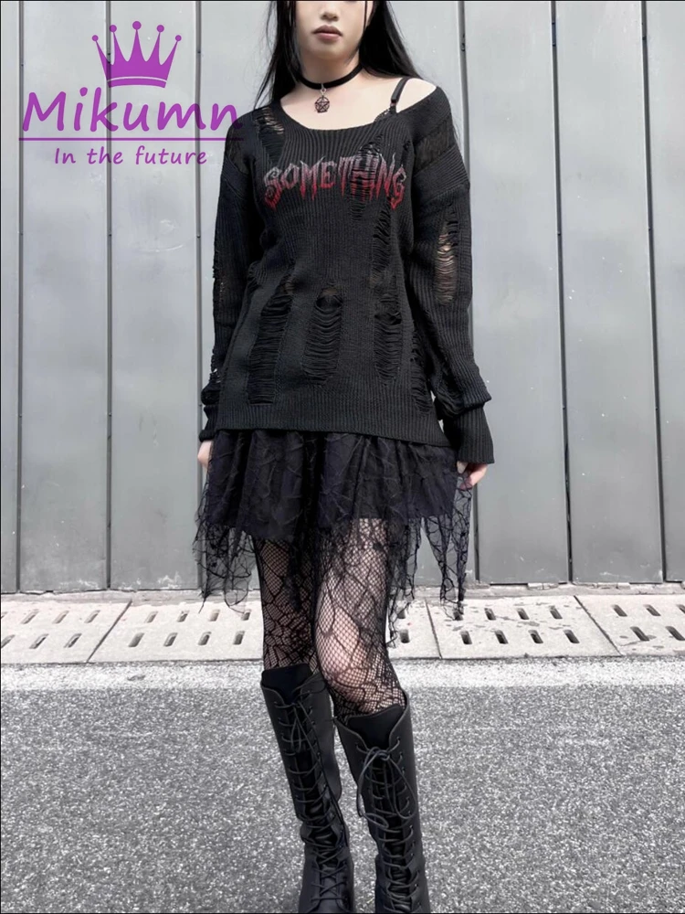 Y2K Grunge Knitted Sweater Women Gothic Punk Knitted Jumper Hole Hollow Out Letter Print Loose Pullover Emo Alt Knitwear