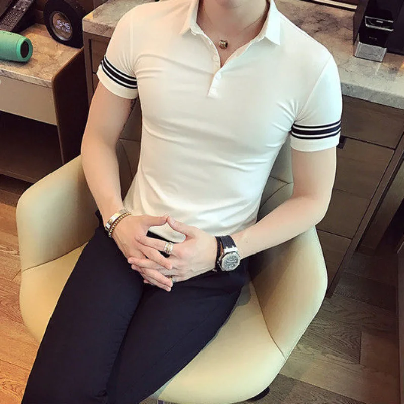 Man with Collar Tee Shirts Plain Streetwear Skinny Original Top Striped Slim Fit Basic Polo T Shirt for Men Gym Cotton Clothing