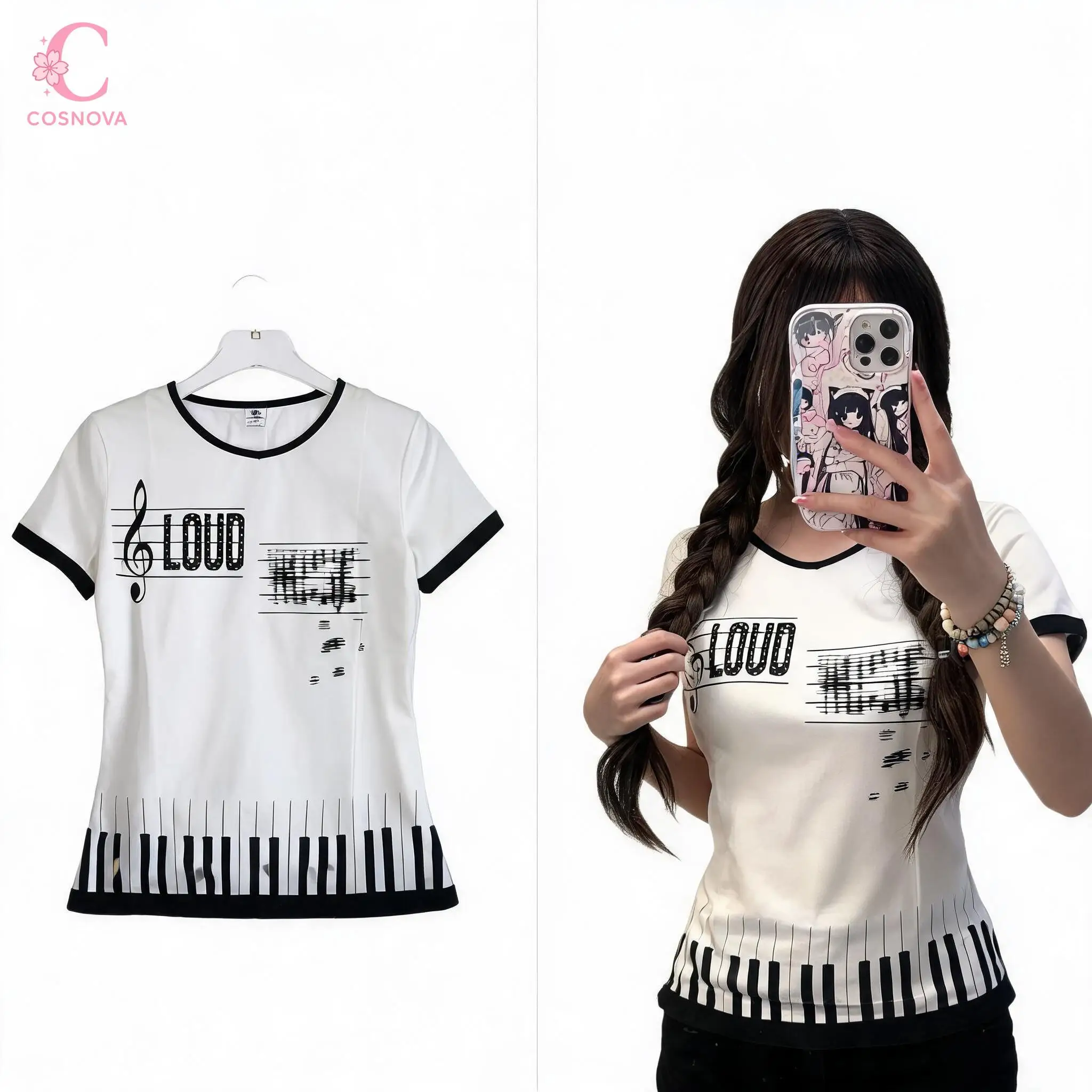 Y2k Sweet Cool Slim Fit Square Shoulder Short Sleeve Women Piano Key Music Loud Print T Shirts Y2k Chic Daily Summer Female Tops