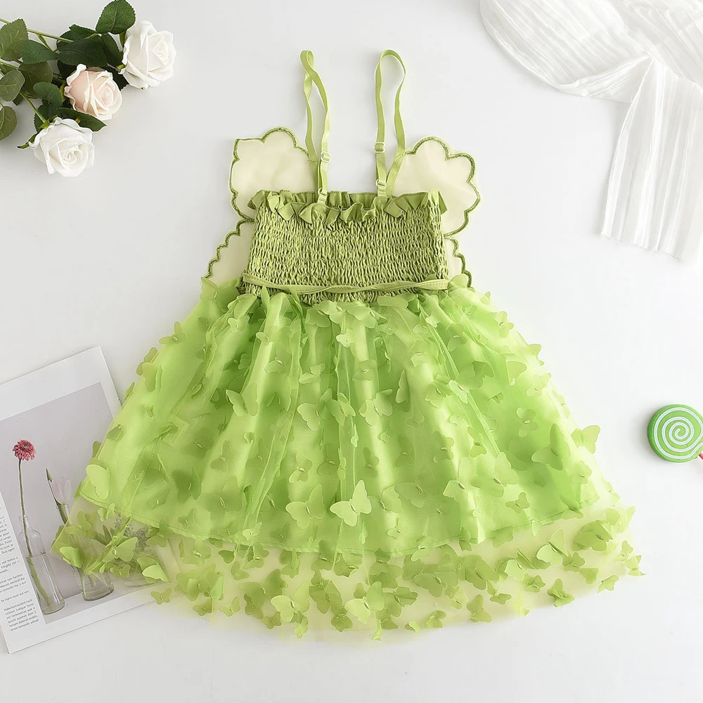 Kids Girls Dress Clothes Summer New Sling Butterfly Floral Sweet Princess Dress Little Girl Birthday Party Puff Dress