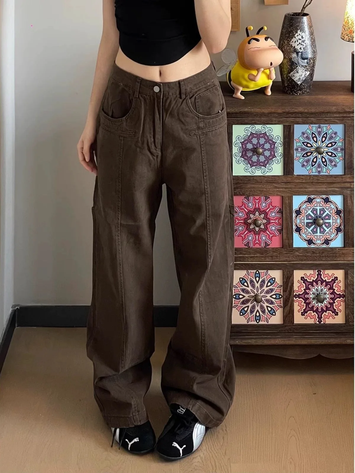 

Y2K кофейные джинсы женские в американском уличном стиле прямые джинсовые рабочие брюки свободные швабры с низкой талией широкие брюки