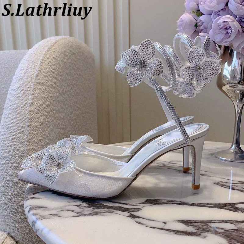 Pumps Summer Women's Thin High Heels Gladiator Sandalias Pointed Toe Lace Shining Crystal Flower Sandals Banquet Dress Shoes