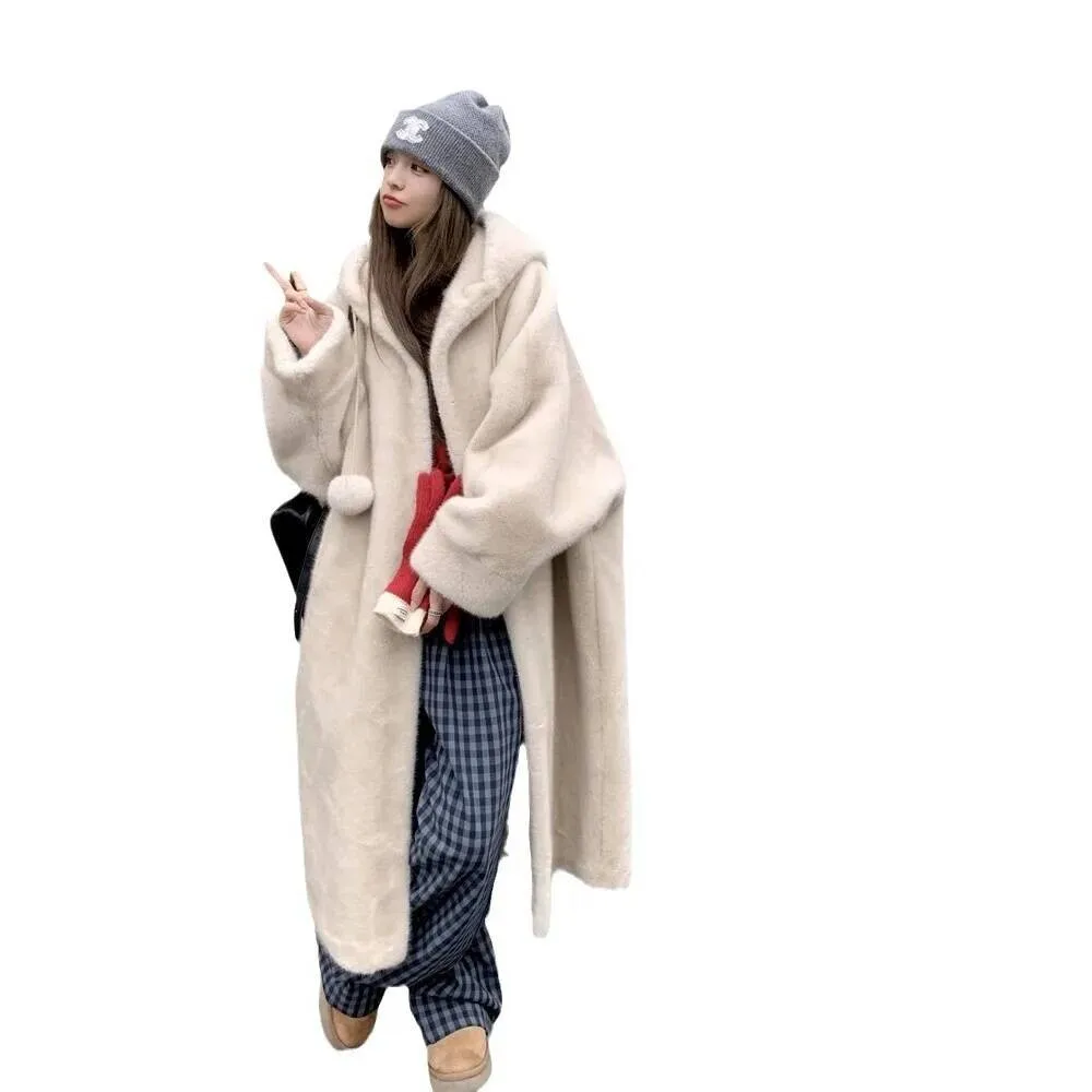 Faux Fur Jackets Women Long Coat Hooded Outerwear Autumn Winter Thick Warm Fluffy Shaggy Hoodie Vintage Overcoat Streetwear
