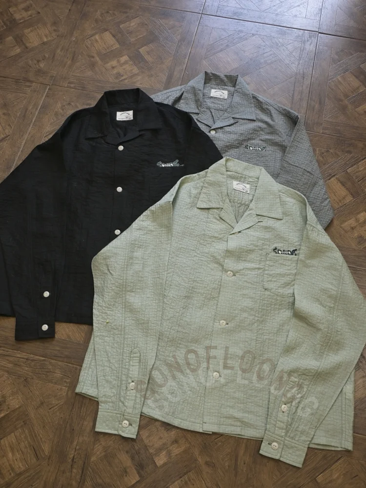 

Vintage Textured Fabric Cuban Collar Shirt Embroidered Lapel Hemp Shirt