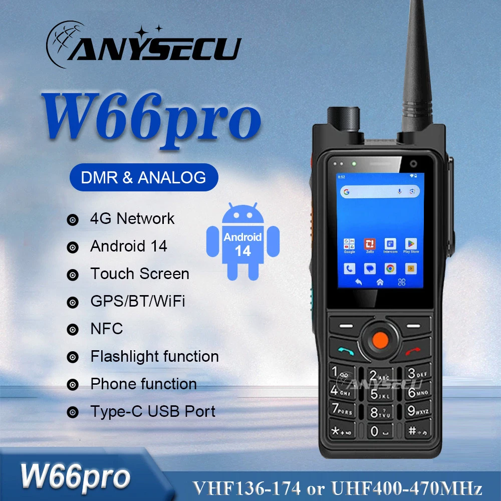 

ANYSECU W66pro Andriod 14 4G Network Radio NFC WIFI IP68 Waterproof Work With Zello Real-ptt UHF or VHF DMR Analog Walkie Talkie