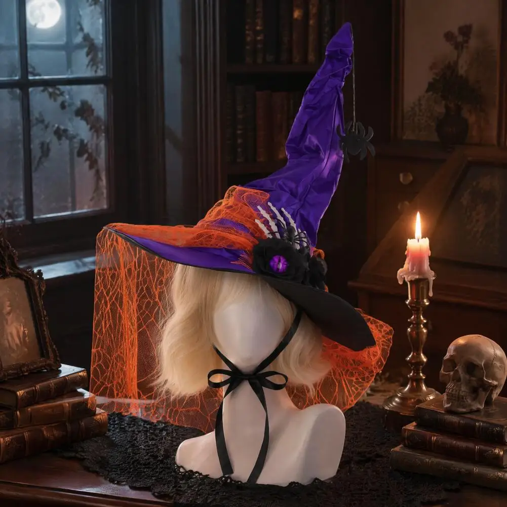 Dark Magician Cosplay Headwear Halloween Witch Hat for Women Spider Web Mesh Skeleton Hand Rose Flower for Cosplay for Halloween