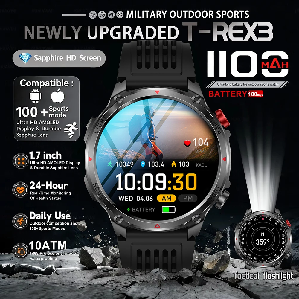 T-Rex 4 Military Outdoor Compass 1100mAh Smart Watch Men IP68 Waterproof Bluetooth Call Health Clock Swim Sports Smartwatch 2026