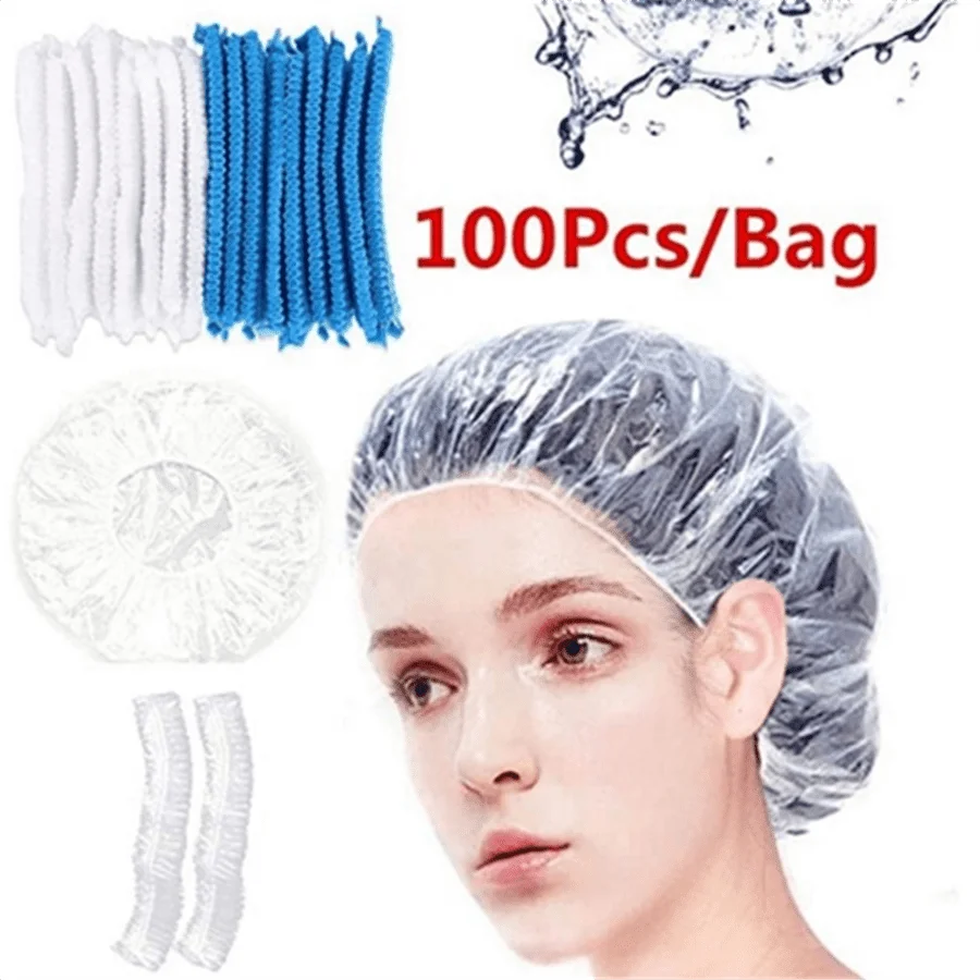 100pc Elastic-Edged Oil And Waterproof PE Hair Salon Cap, For Beauty, Hair Dyeing,  Multi-Use Dustproof Film Hair Removal