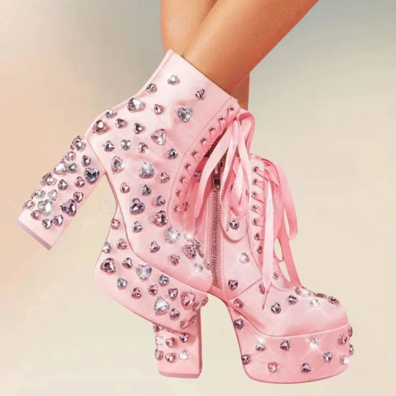 

Crystal Design Pink Silk Strappy Platform Boots Side Zipper Women Shoes Chunky High Heels Party Banquet 2025 Zapatos Para Mujere