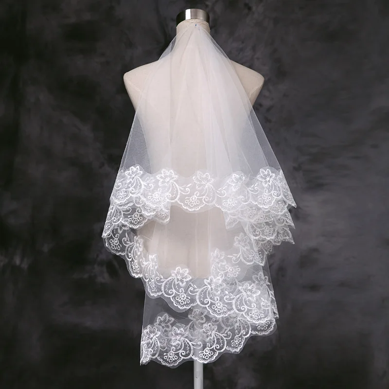 Voile de Mariage Romantique Blanc Ivoire, une Couche, Appliques en Dentelle Bordée, Courte, Cosplay, pour Patients