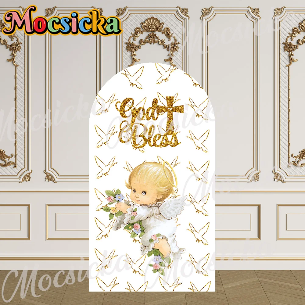 Mocsicka 2-Sided Arch Cover God bless Angel Decoration Backdrop Baby Shower Cake Smash Children 1st Birthday Party Prom Studio