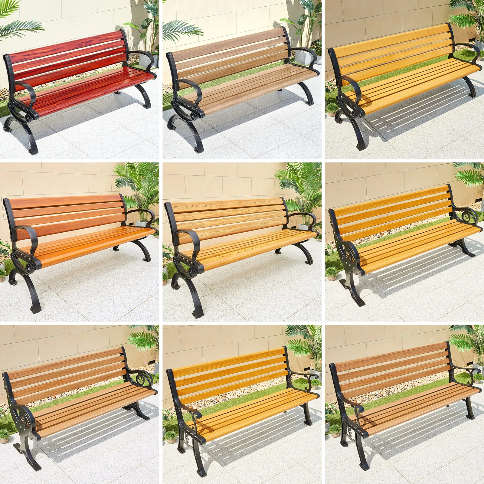 

Cast Aluminum Frame Outdoor Bench Chair 150cm Faux Wood Grain Park Bench Weatherproof Patio Bench for Garden Backyard Lawn