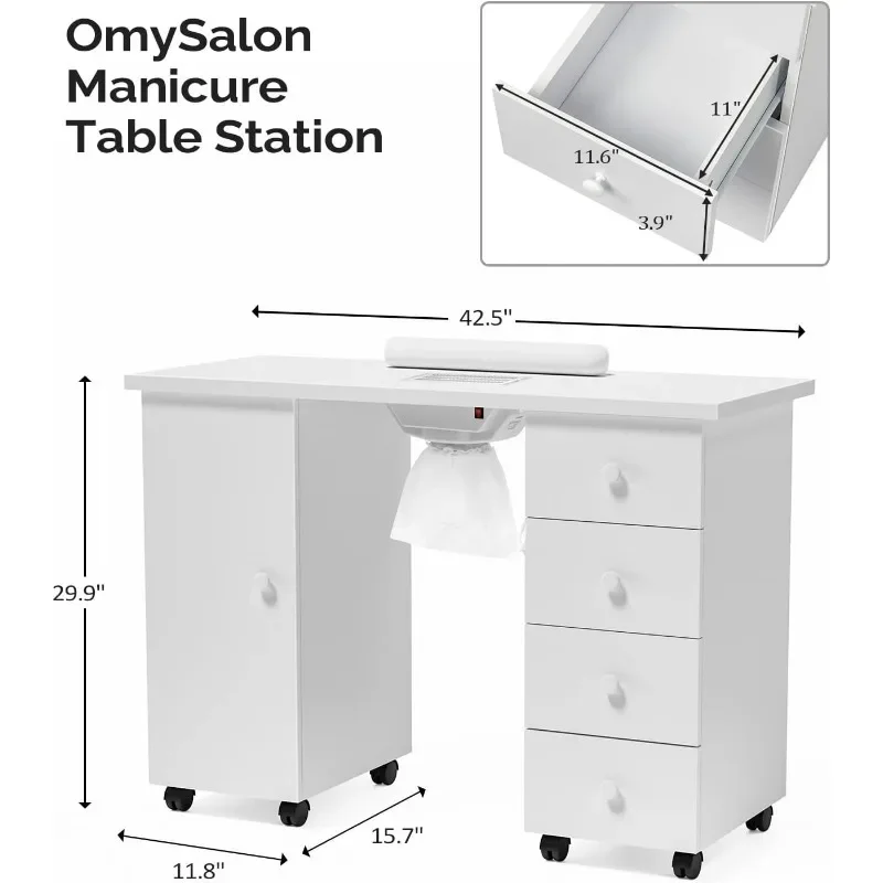 Manicure Table Nail Desk for Nail Tech, Nail Table Beauty Salon Tech Station W/Electric Downdraft Vent, Lockable Wheels